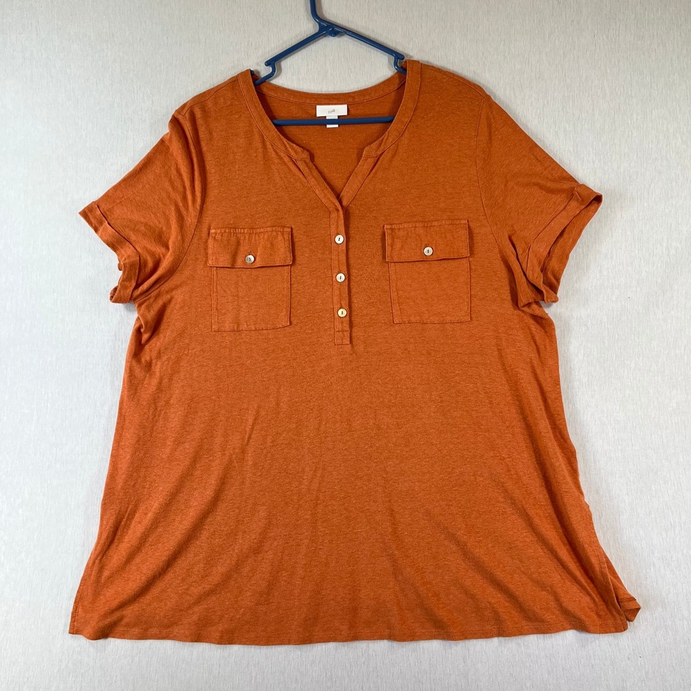J Jill Top XL Linen Blend Burnt Orange Henley Short Sleeve Pocket Top Shirt